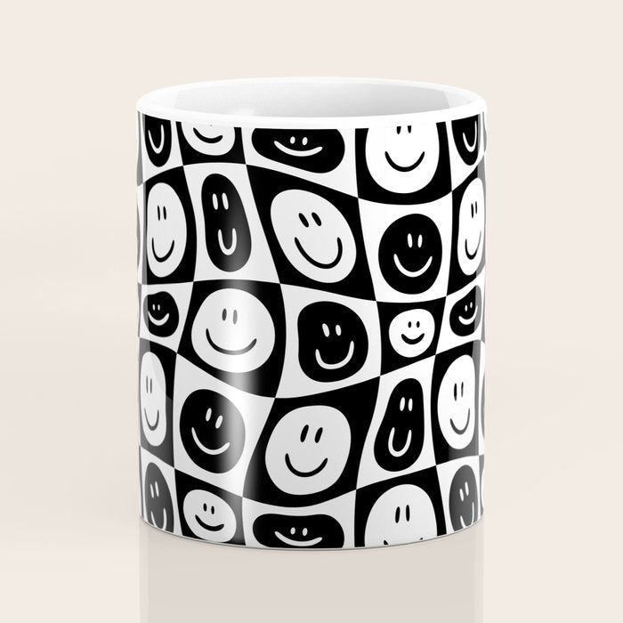 Black and white checkered happy face pattern Coffee Mug Gallery Image 4