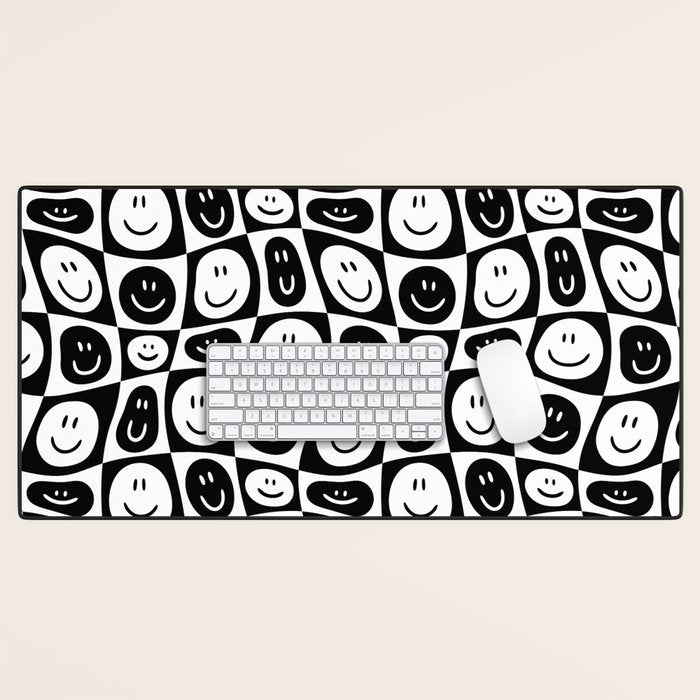 Black and white checkered happy face pattern Desk Mat Gallery Image 1