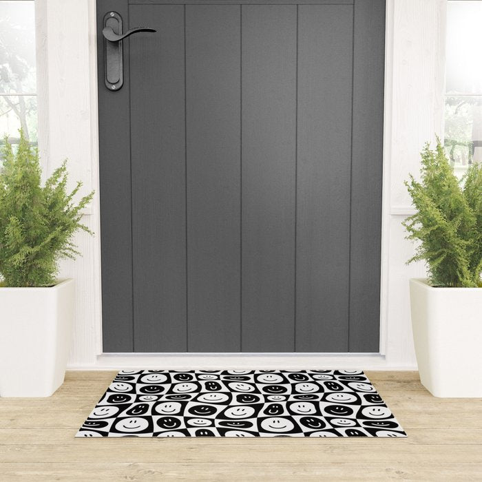 Black and white checkered happy face pattern Welcome Mat Gallery Image 3
