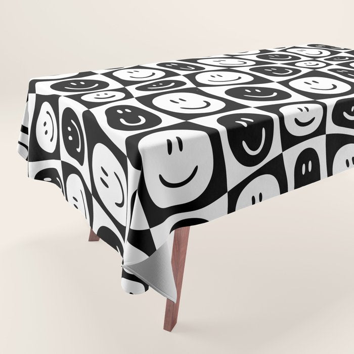 Black and white checkered happy face pattern Tablecloth Gallery Image 1