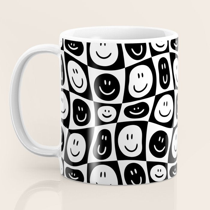 Black and white checkered happy face pattern Coffee Mug Gallery Image 3
