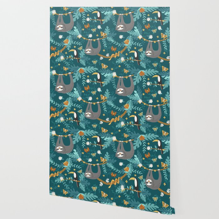 Sloth Hanging in a Teal Forest Wallpaper Gallery Image 2