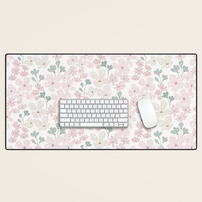 Soft meadow blooms - baby pink, rosy blush and warm beige floral pattern Desk Mat Gallery Image 1