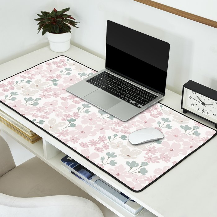 Soft meadow blooms - baby pink, rosy blush and warm beige floral pattern Desk Mat Gallery Image 2