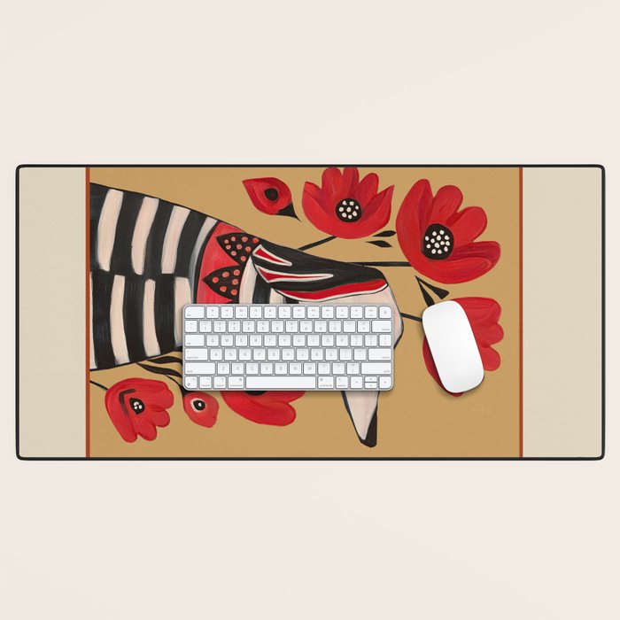 Striped Dog with Poppies Desk Mat Gallery Image 1
