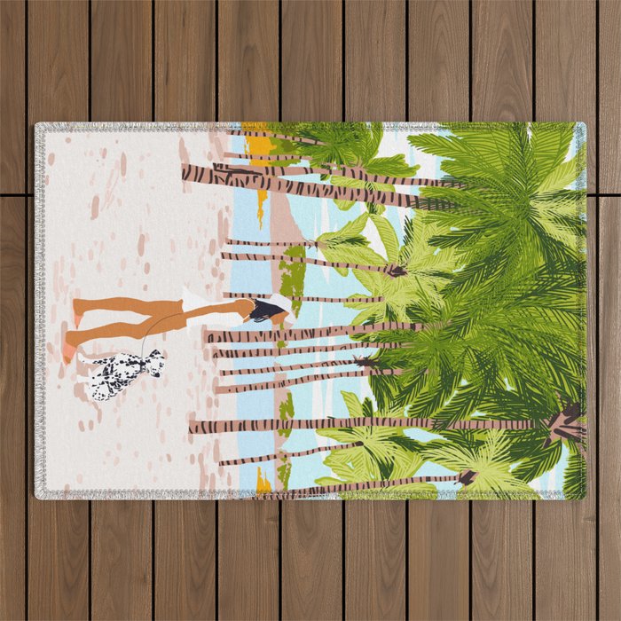 The Happy Spots, Dalmatian Dog Pets, Bohemian Woman Beach Tropical Palm Fashion Illustration Outdoor Rug Gallery Image 1