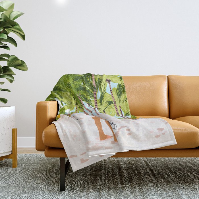 The Happy Spots, Dalmatian Dog Pets, Bohemian Woman Beach Tropical Palm Fashion Illustration Throw Blanket Gallery Image 1