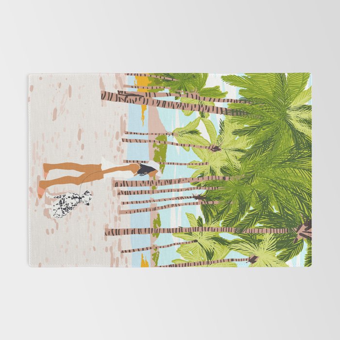 The Happy Spots, Dalmatian Dog Pets, Bohemian Woman Beach Tropical Palm Fashion Illustration Rug Gallery Image 2