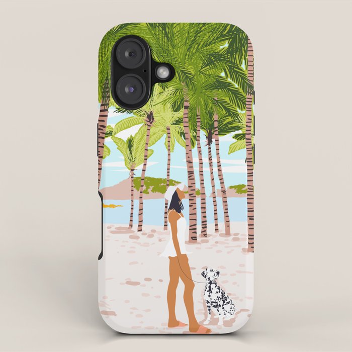 The Happy Spots, Dalmatian Dog Pets, Bohemian Woman Beach Tropical Palm Fashion Illustration iPhone Case Gallery Image 1