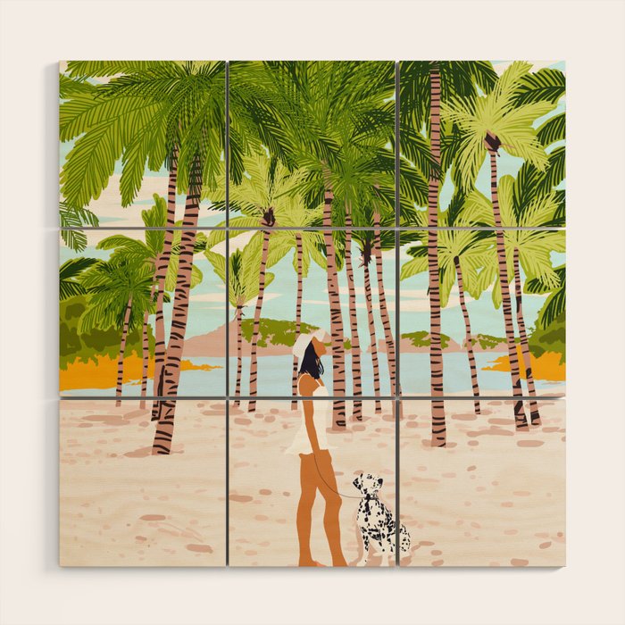The Happy Spots, Dalmatian Dog Pets, Bohemian Woman Beach Tropical Palm Fashion Illustration Wood Wall Art Gallery Image 1