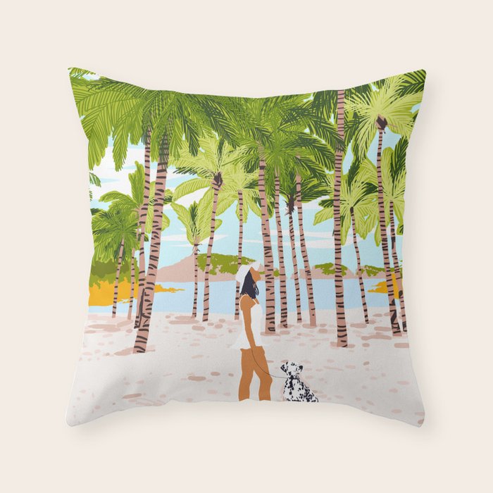 The Happy Spots, Dalmatian Dog Pets, Bohemian Woman Beach Tropical Palm Fashion Illustration Throw Pillow Gallery Image 6
