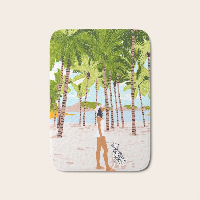 The Happy Spots, Dalmatian Dog Pets, Bohemian Woman Beach Tropical Palm Fashion Illustration Bath Mat Gallery Image 1
