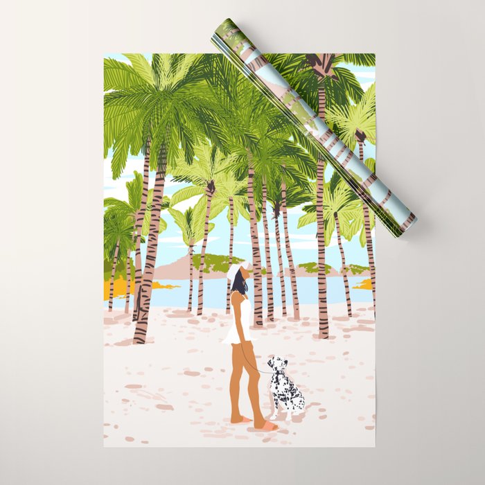 The Happy Spots, Dalmatian Dog Pets, Bohemian Woman Beach Tropical Palm Fashion Illustration Wrapping Paper Gallery Image 1