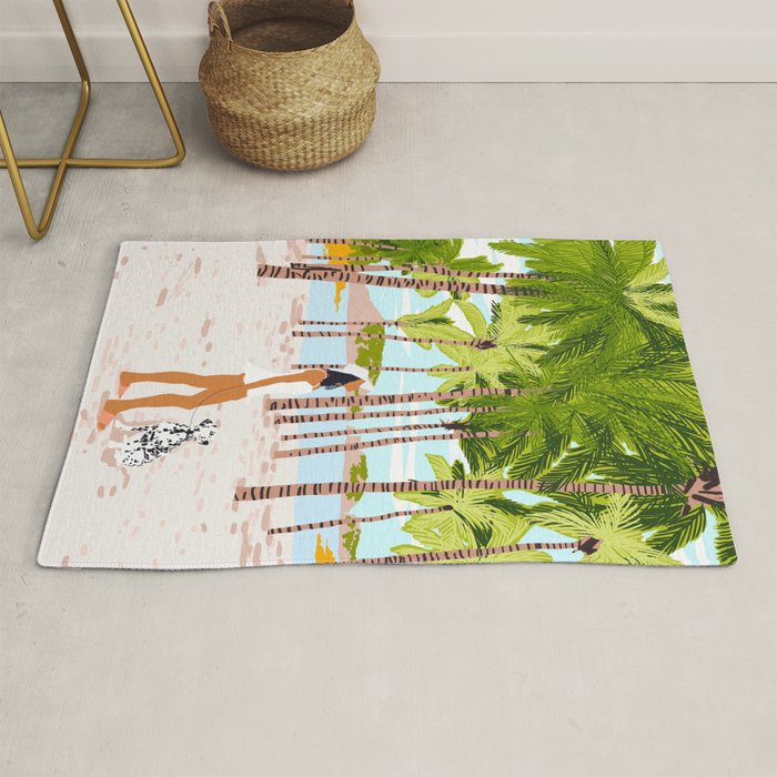 The Happy Spots, Dalmatian Dog Pets, Bohemian Woman Beach Tropical Palm Fashion Illustration Rug Gallery Image 1