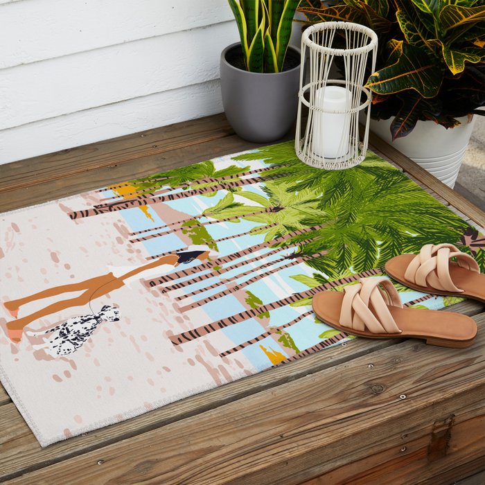 The Happy Spots, Dalmatian Dog Pets, Bohemian Woman Beach Tropical Palm Fashion Illustration Outdoor Rug Gallery Image 2