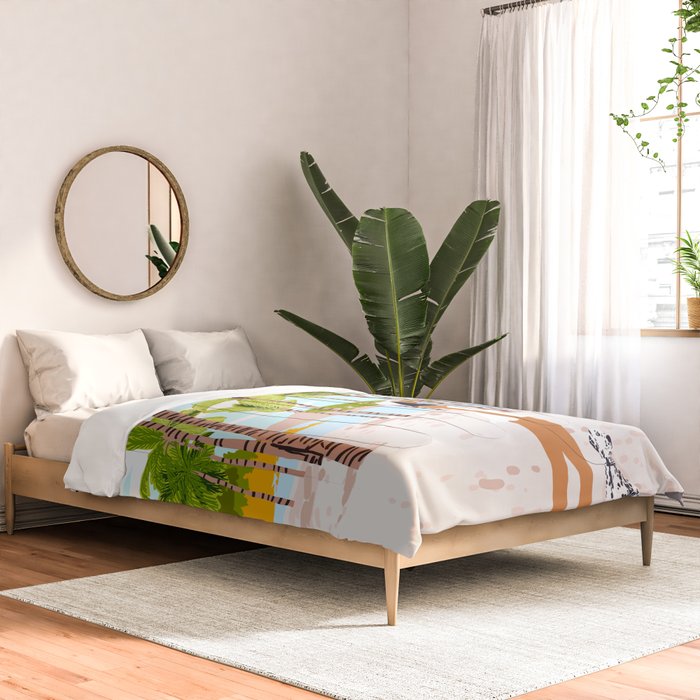 The Happy Spots, Dalmatian Dog Pets, Bohemian Woman Beach Tropical Palm Fashion Illustration Comforter Gallery Image 2