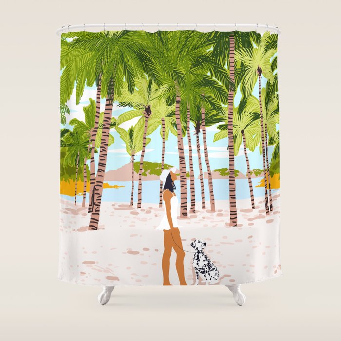 The Happy Spots, Dalmatian Dog Pets, Bohemian Woman Beach Tropical Palm Fashion Illustration Shower Curtain Gallery Image 1