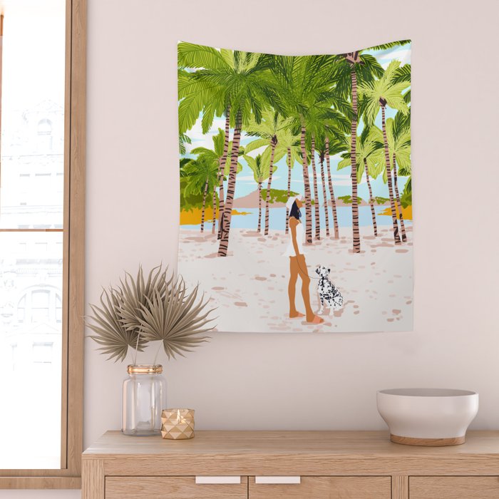 The Happy Spots, Dalmatian Dog Pets, Bohemian Woman Beach Tropical Palm Fashion Illustration Wall Tapestry Gallery Image 2