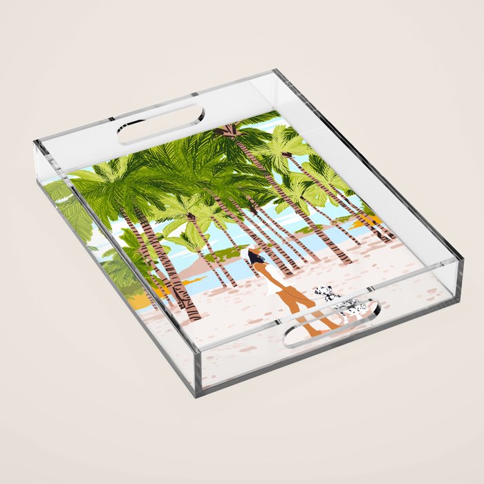 The Happy Spots, Dalmatian Dog Pets, Bohemian Woman Beach Tropical Palm Fashion Illustration Acrylic Tray Gallery Image 1