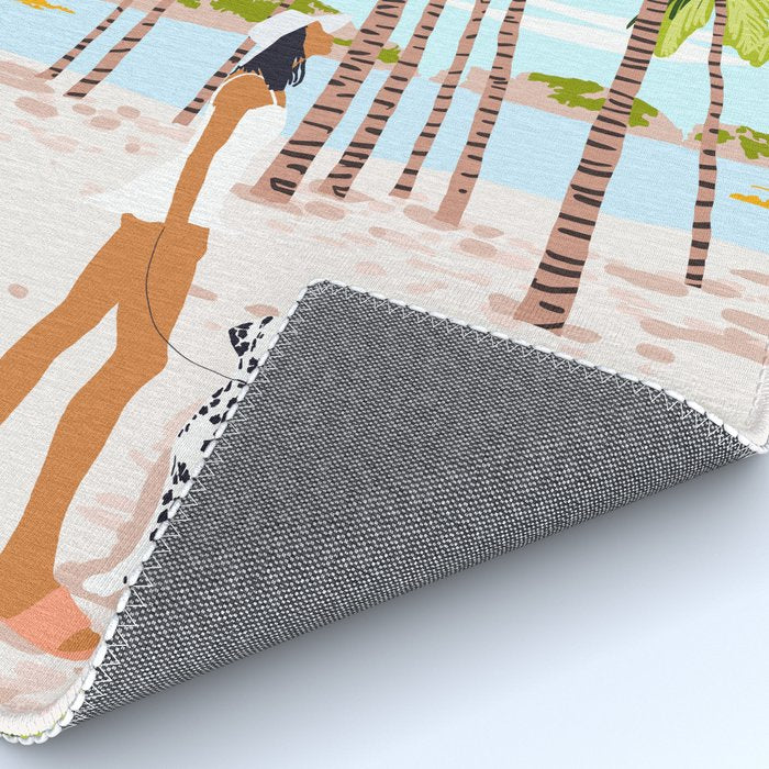 The Happy Spots, Dalmatian Dog Pets, Bohemian Woman Beach Tropical Palm Fashion Illustration Rug Gallery Image 4