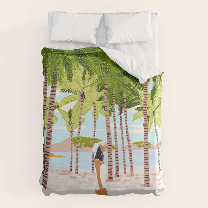The Happy Spots, Dalmatian Dog Pets, Bohemian Woman Beach Tropical Palm Fashion Illustration Duvet Cover Gallery Image 1