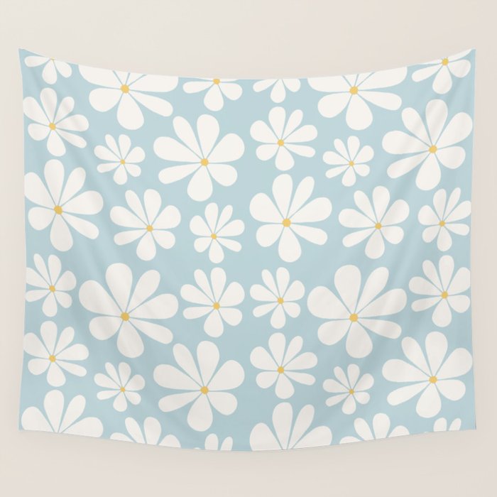 Retro Daisy Pattern - Pastel Blue Wall Tapestry Gallery Image 4
