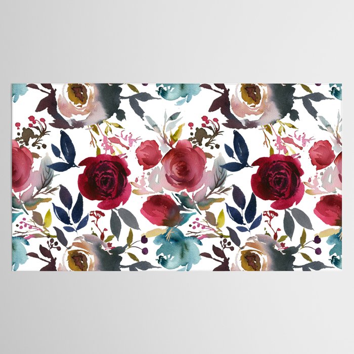 Hand painted burgundy coral teal watercolor botanical roses Tablecloth Gallery Image 2