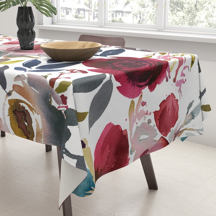 Hand painted burgundy coral teal watercolor botanical roses Tablecloth Gallery Image 3