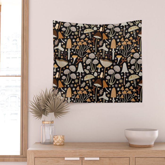 Forest Floor, Mushroom Art on Black Wall Tapestry Gallery Image 2