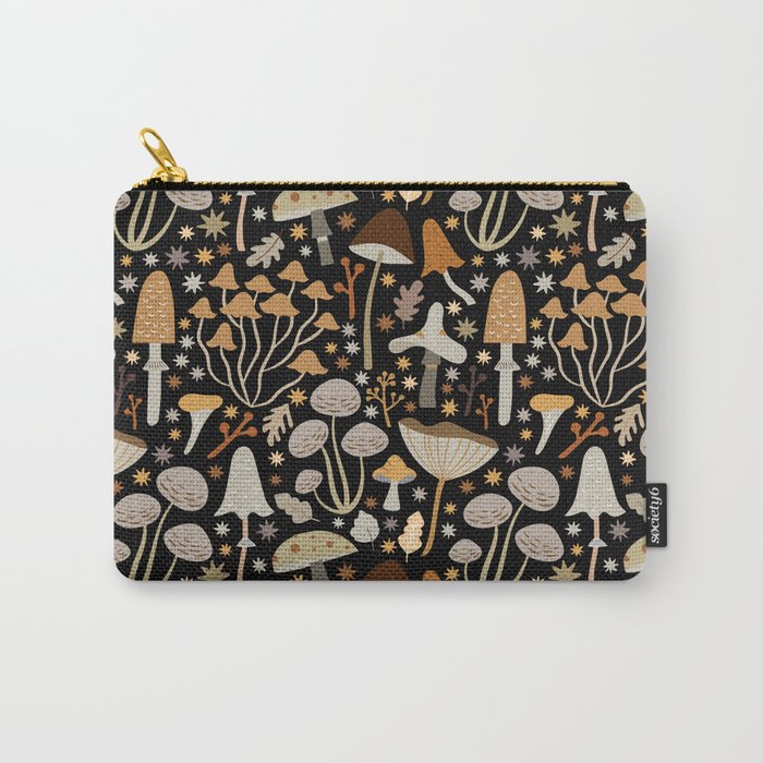 Forest Floor, Mushroom Art on Black Carry All Pouch Gallery Image 1
