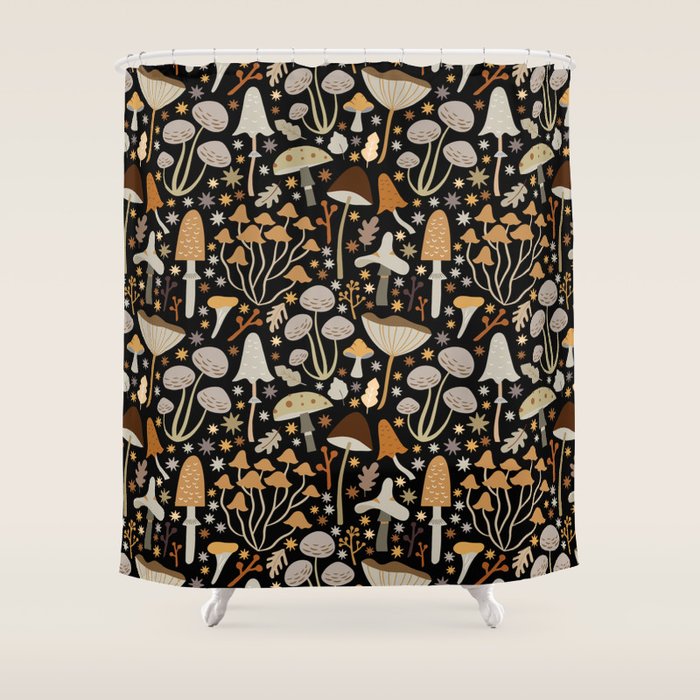 Forest Floor, Mushroom Art on Black Shower Curtain Gallery Image 1