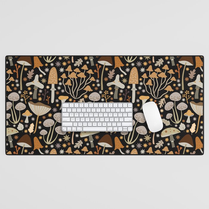 Forest Floor, Mushroom Art on Black Desk Mat Gallery Image 1