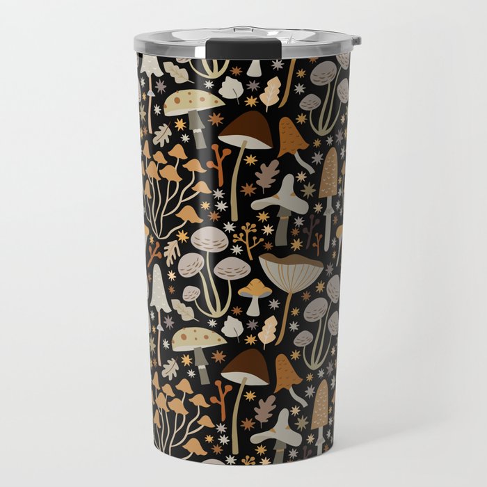 Forest Floor, Mushroom Art on Black Travel Mug Gallery Image 1