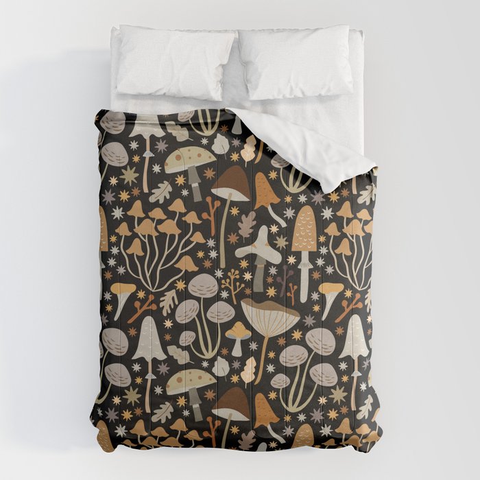 Forest Floor, Mushroom Art on Black Comforter Gallery Image 1