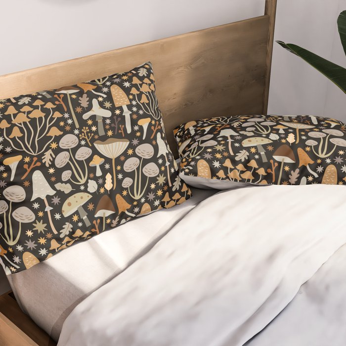 Forest Floor, Mushroom Art on Black Pillow Sham Gallery Image 2