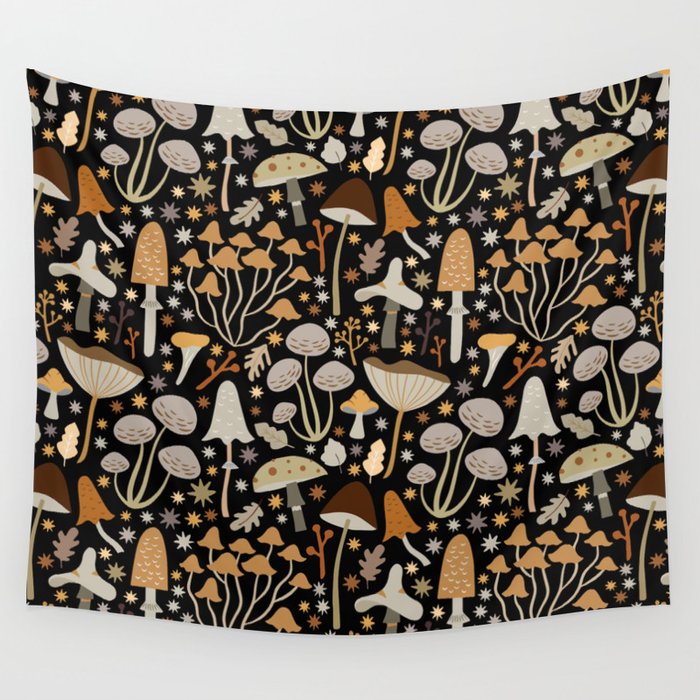 Forest Floor, Mushroom Art on Black Wall Tapestry Gallery Image 4
