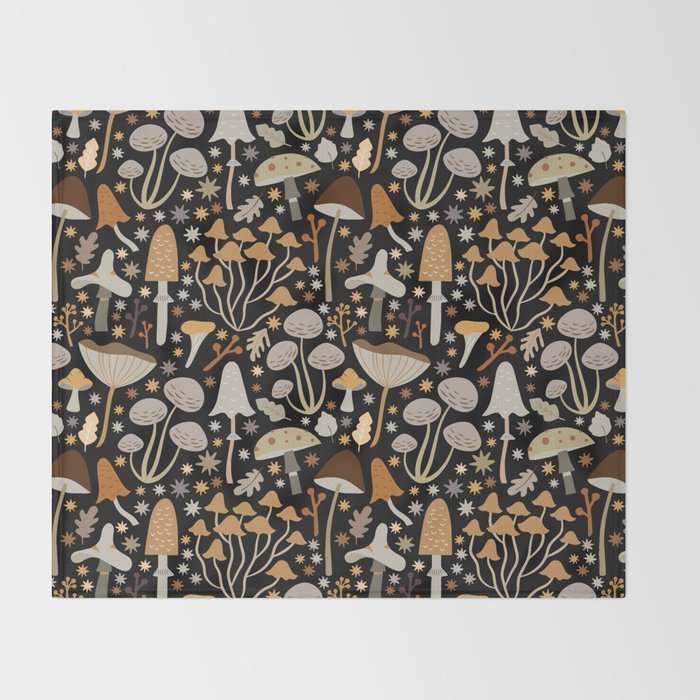 Forest Floor, Mushroom Art on Black Throw Blanket Gallery Image 2