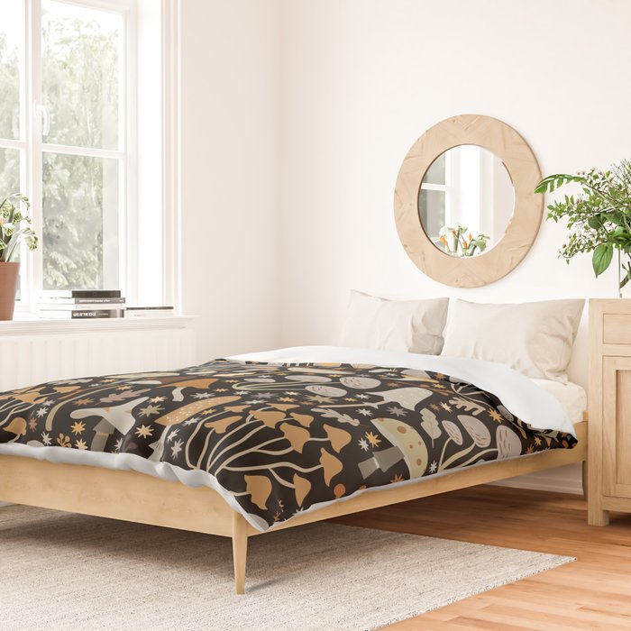 Forest Floor, Mushroom Art on Black Duvet Cover Gallery Image 2