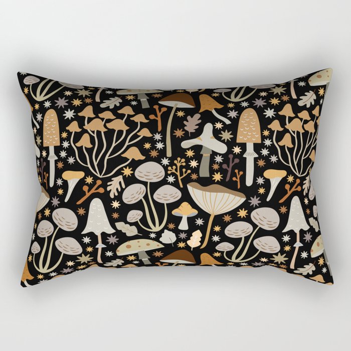 Forest Floor, Mushroom Art on Black Rectangular Pillow Gallery Image 1