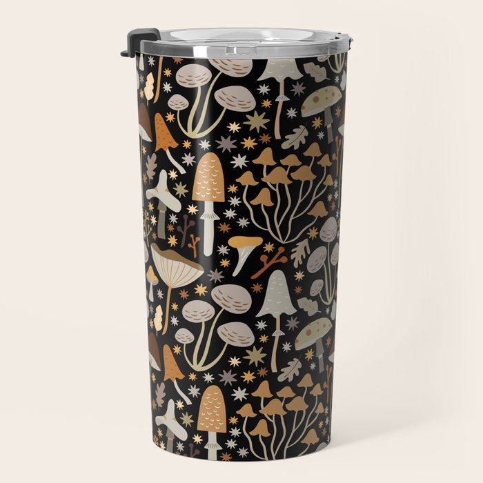 Forest Floor, Mushroom Art on Black Travel Mug Gallery Image 3