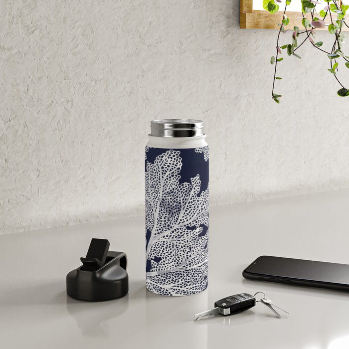Sea Fan Coral - White on Navy Water Bottle Gallery Image 4