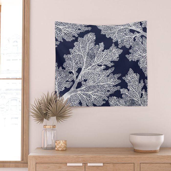 Sea Fan Coral - White on Navy Wall Tapestry Gallery Image 2