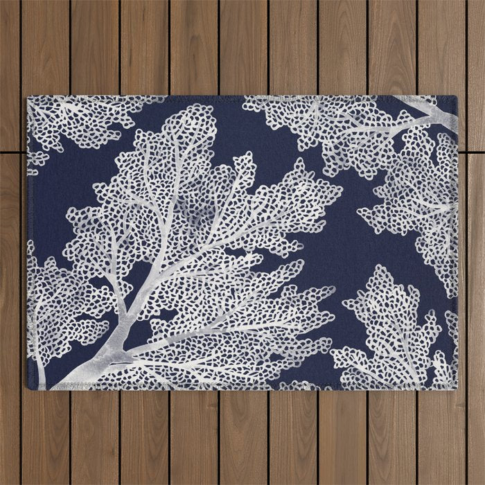 Sea Fan Coral - White on Navy Outdoor Rug Gallery Image 1