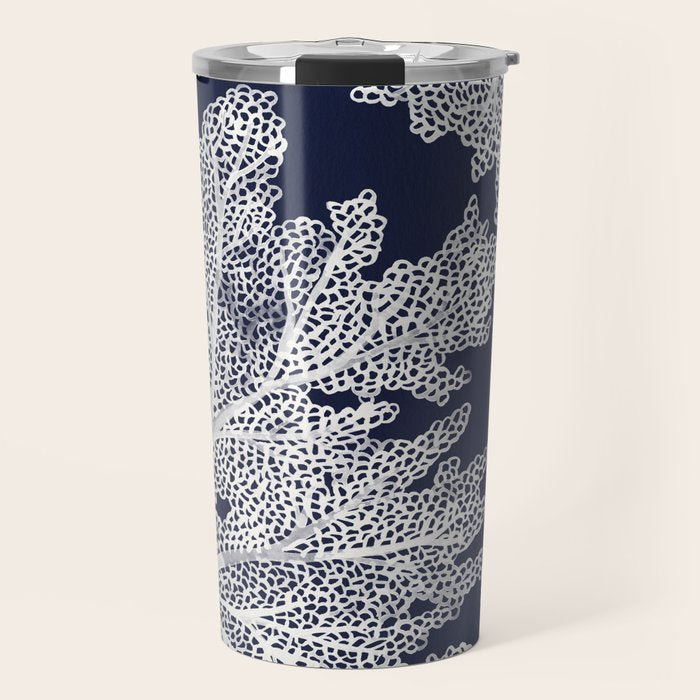 Sea Fan Coral - White on Navy Travel Mug Gallery Image 1