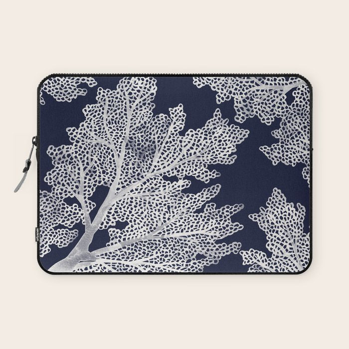 Sea Fan Coral - White on Navy Laptop Sleeve Gallery Image 1