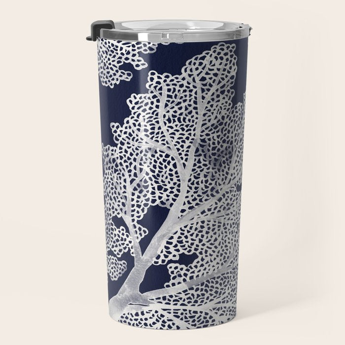 Sea Fan Coral - White on Navy Travel Mug Gallery Image 3