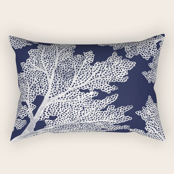 Sea Fan Coral - White on Navy Rectangular Pillow Gallery Image 1