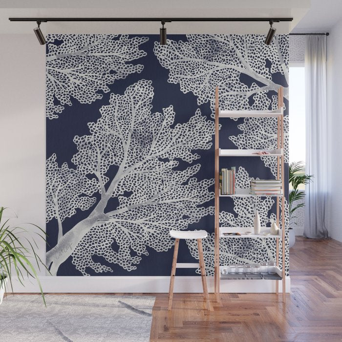 Sea Fan Coral - White on Navy Wall Mural Gallery Image 1