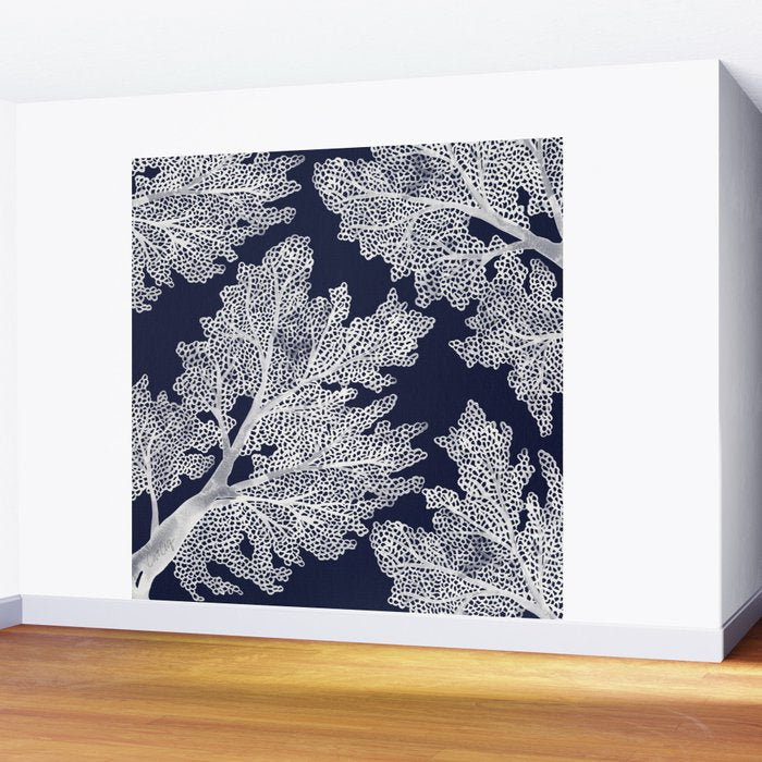 Sea Fan Coral - White on Navy Wall Mural Gallery Image 2