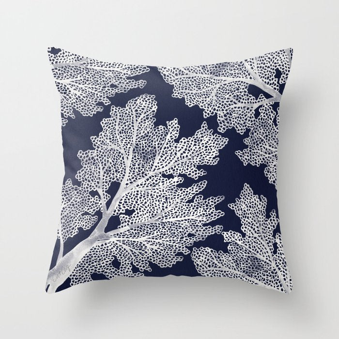 Sea Fan Coral - White on Navy Throw Pillow Gallery Image 6